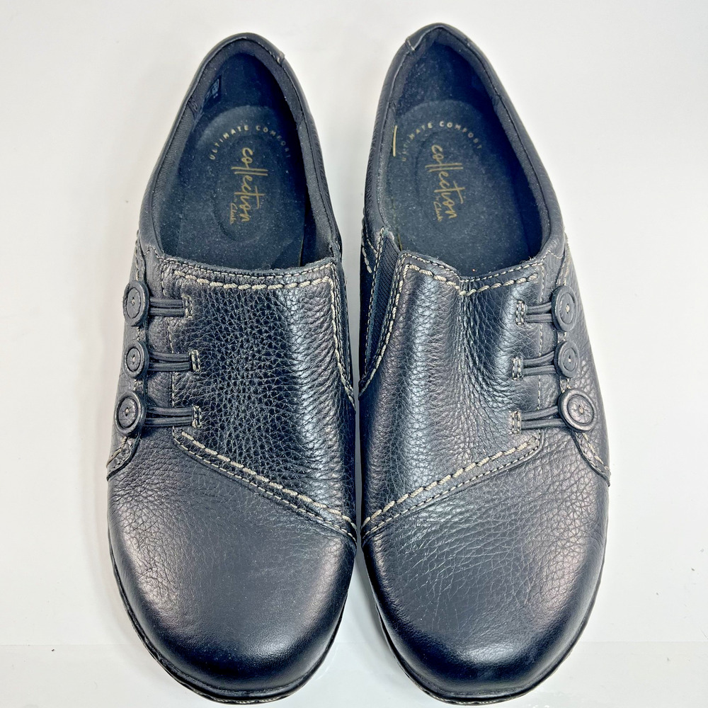 Clarks Collection Black Leather Slip On Comfort Shoes Button Detail Women 8.5